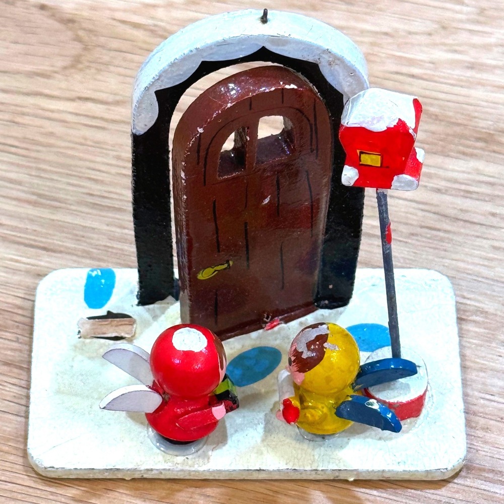 Vintage Japan Wooden Christmas Diorama Ornament Angels at Door Hand Painted